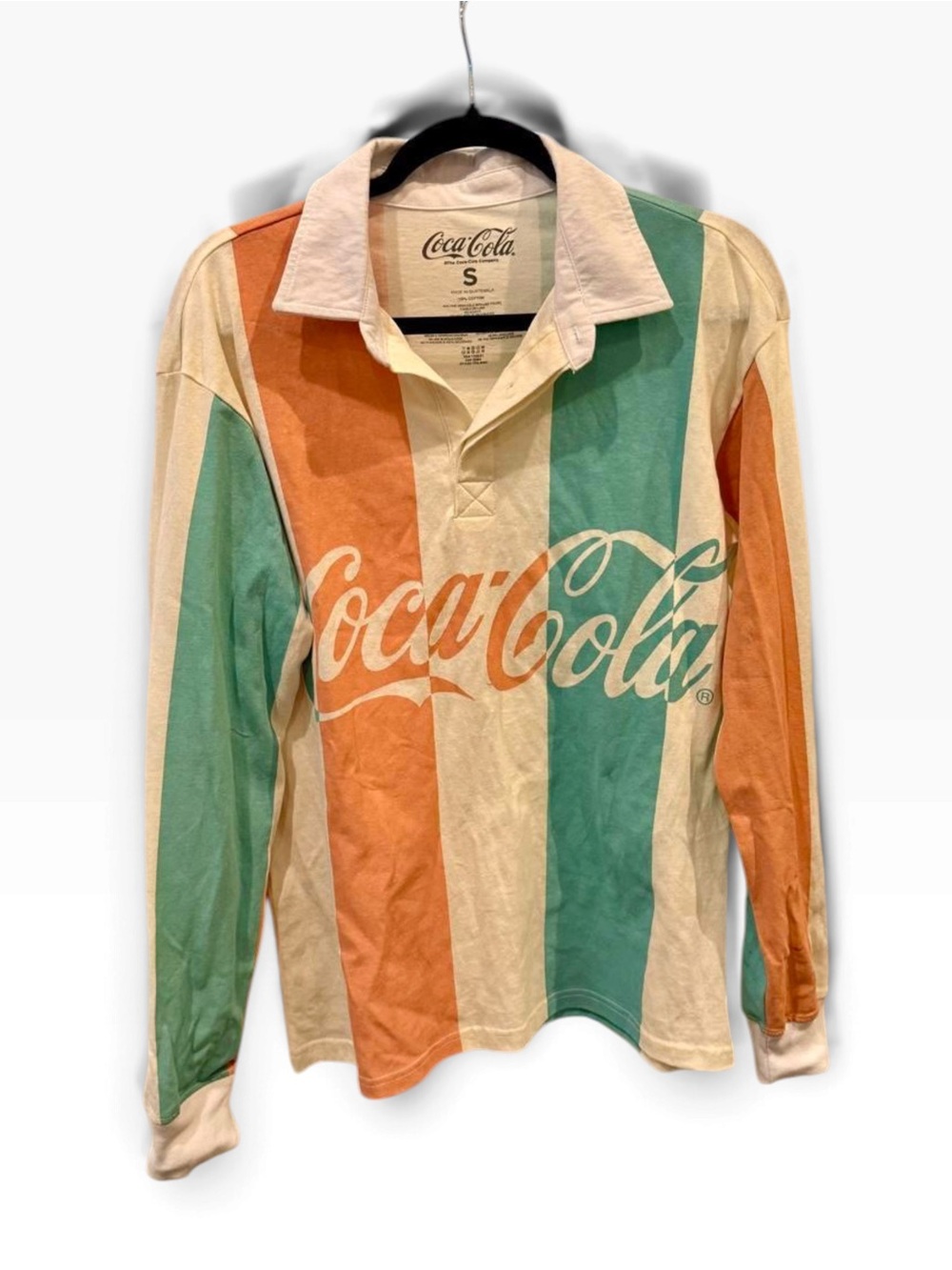 Urban Outfitters Wonens Coca Cola Striped Rugby Polo in Teal, Coral & Cream